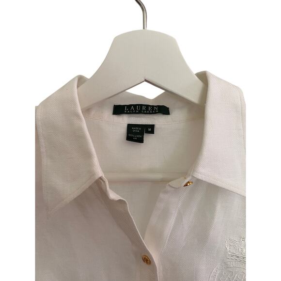 Lauren Ralph Lauren Shirt Womens M‎ White Linen Gold Button Crest Classic - Picture 3 of 8